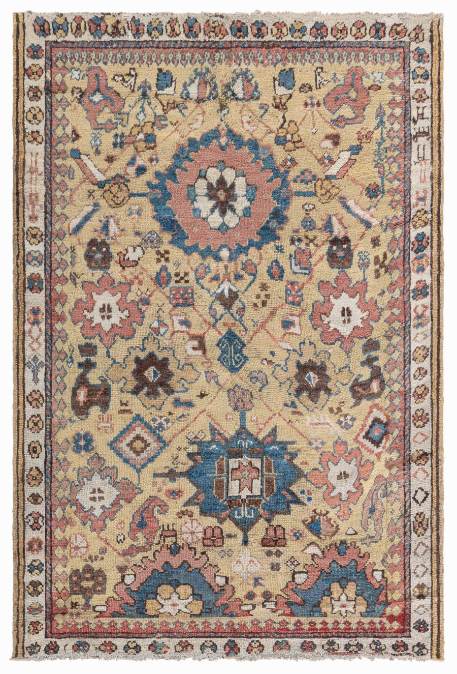 19th Century Caucasian Beige, Indigo, White, Rosewood & Brown Handmade Wool Rug BB6361
