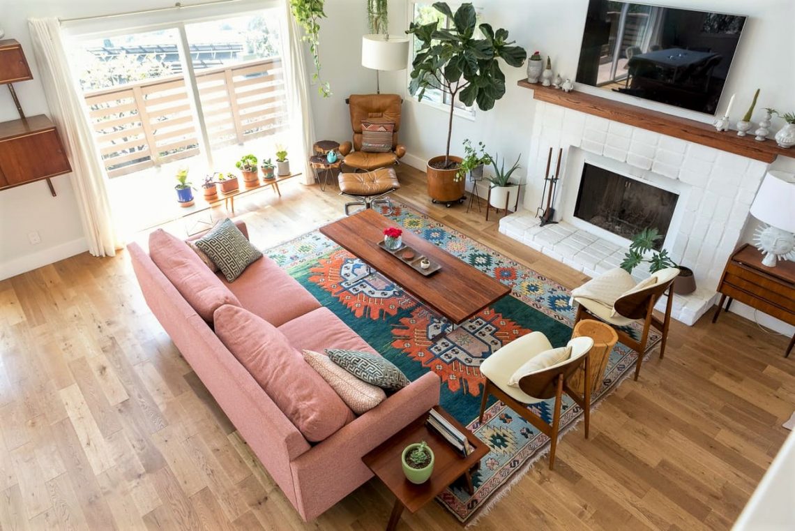 boho interior decor, bohemian interior, bohemian decor, plants in living room, vintage rug, vintage interior, modern interior