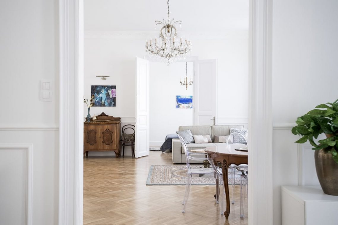 Parisian French interior decor white elegant bedroom living room crystal chandelier