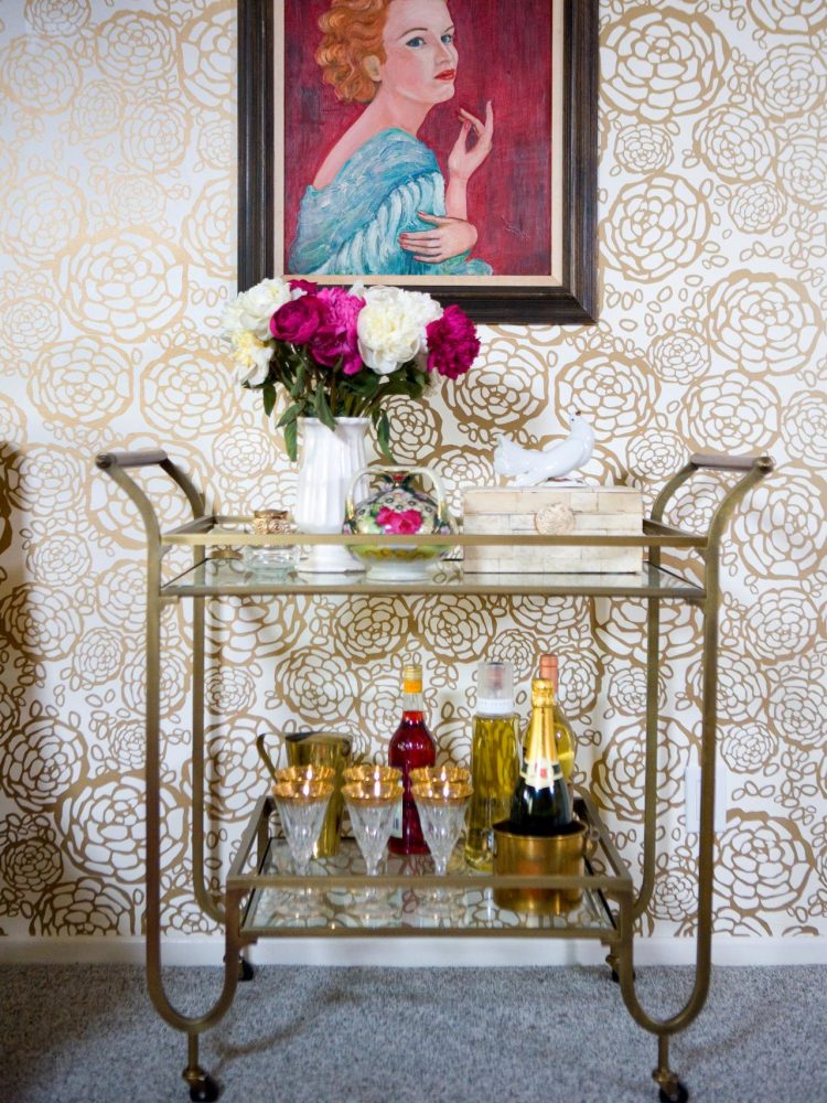 bar cart elegant modern interior decor, elegant living room, abstract painting, art in living room, glamour interior