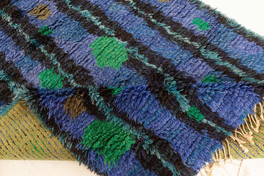 Mid-Century Modern Swedish Rya Rug in Lapis Blue, Emerald Green, and Black BB6396