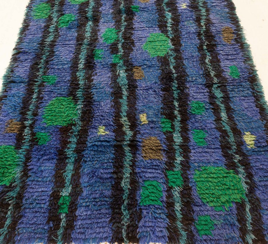 Mid-Century Modern Swedish Rya Rug in Lapis Blue, Emerald Green, and Black BB6396