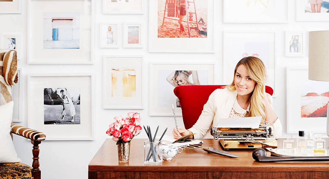 lauren conrad interior decor, eclectic workspace, home office, colorful interior, feminine interior decor, wall gallery