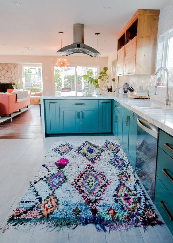 Boucherouite rugs, Moroccan rug in the kitchen, boho rug