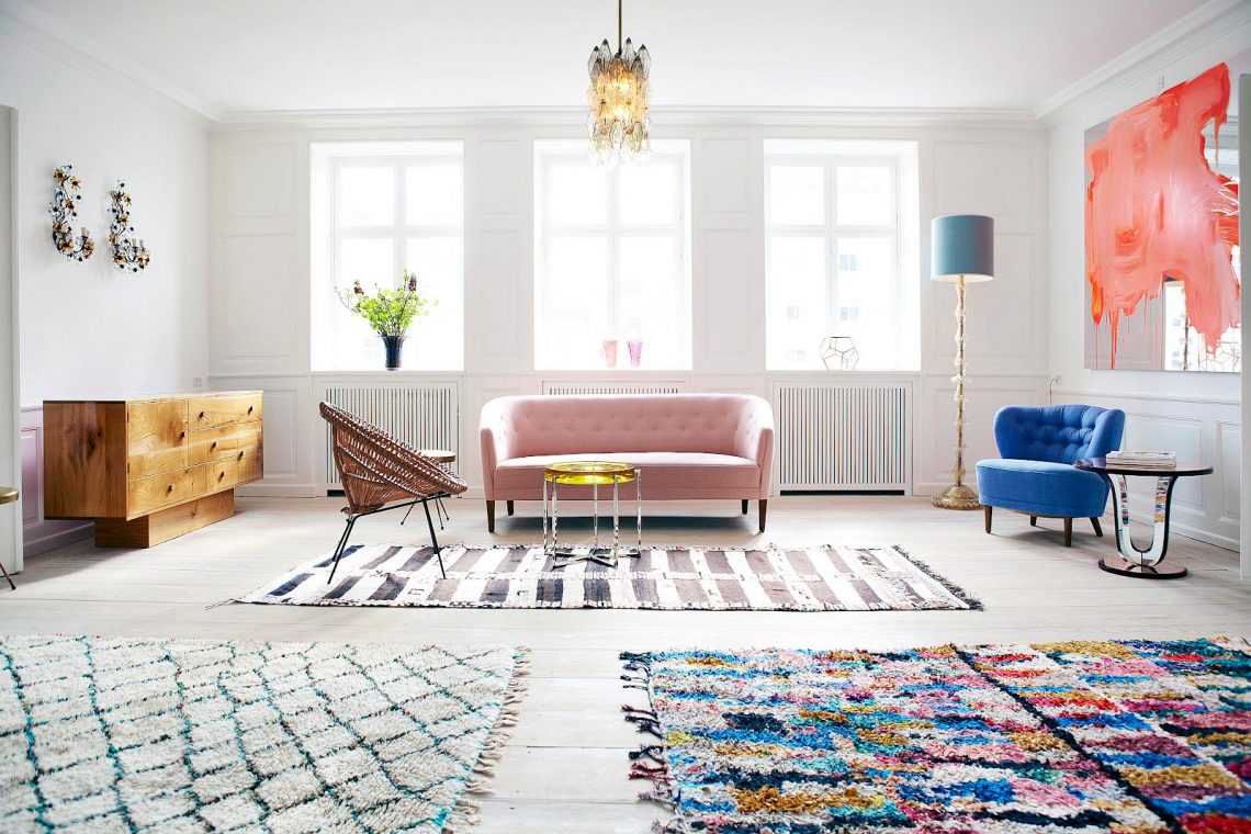 Moroccan vintage rugs in Scandinavian modern living room