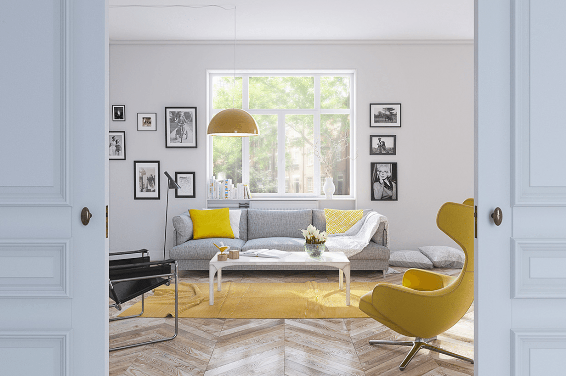 yellow Scandinavian living room decor