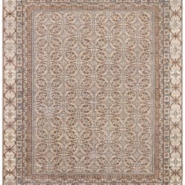 Vintage Samarkand Geometric Light Beige Hand-Knotted Wool Rug East Turkestan BB6429