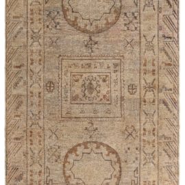 Timeless Vintage Samarkand Geometric Warm Tan Hand-Knotted Wool Rug BB6430