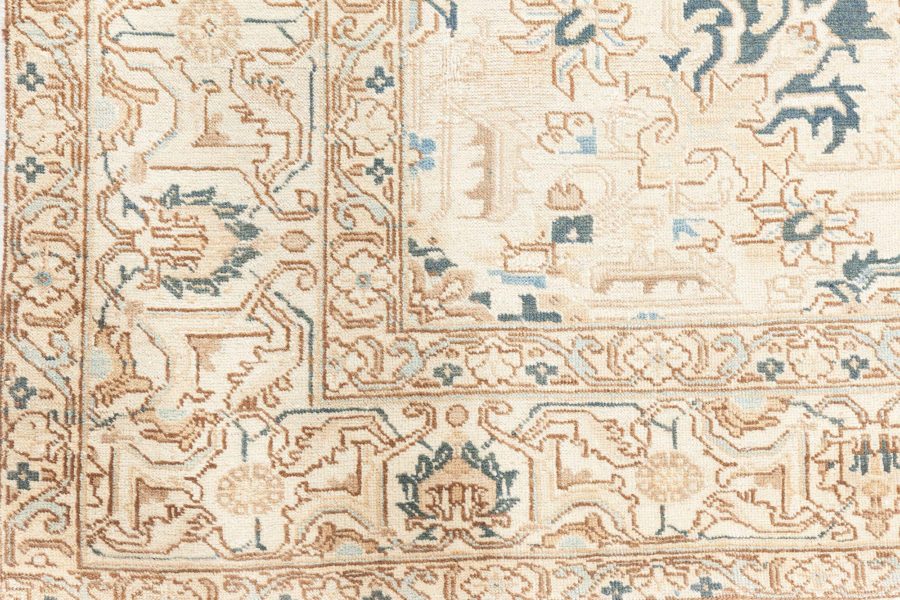 Antique Floral Persian Kirman Camel, Light Brown, Indigo Blue Handmade Wool Rug BB6485