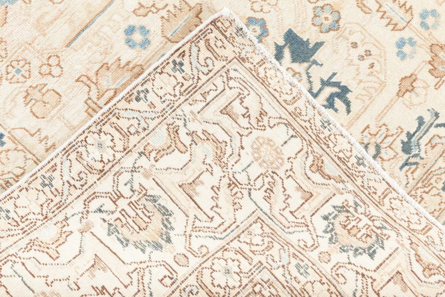 Antique Floral Persian Kirman Camel, Light Brown, Indigo Blue Handmade Wool Rug BB6485