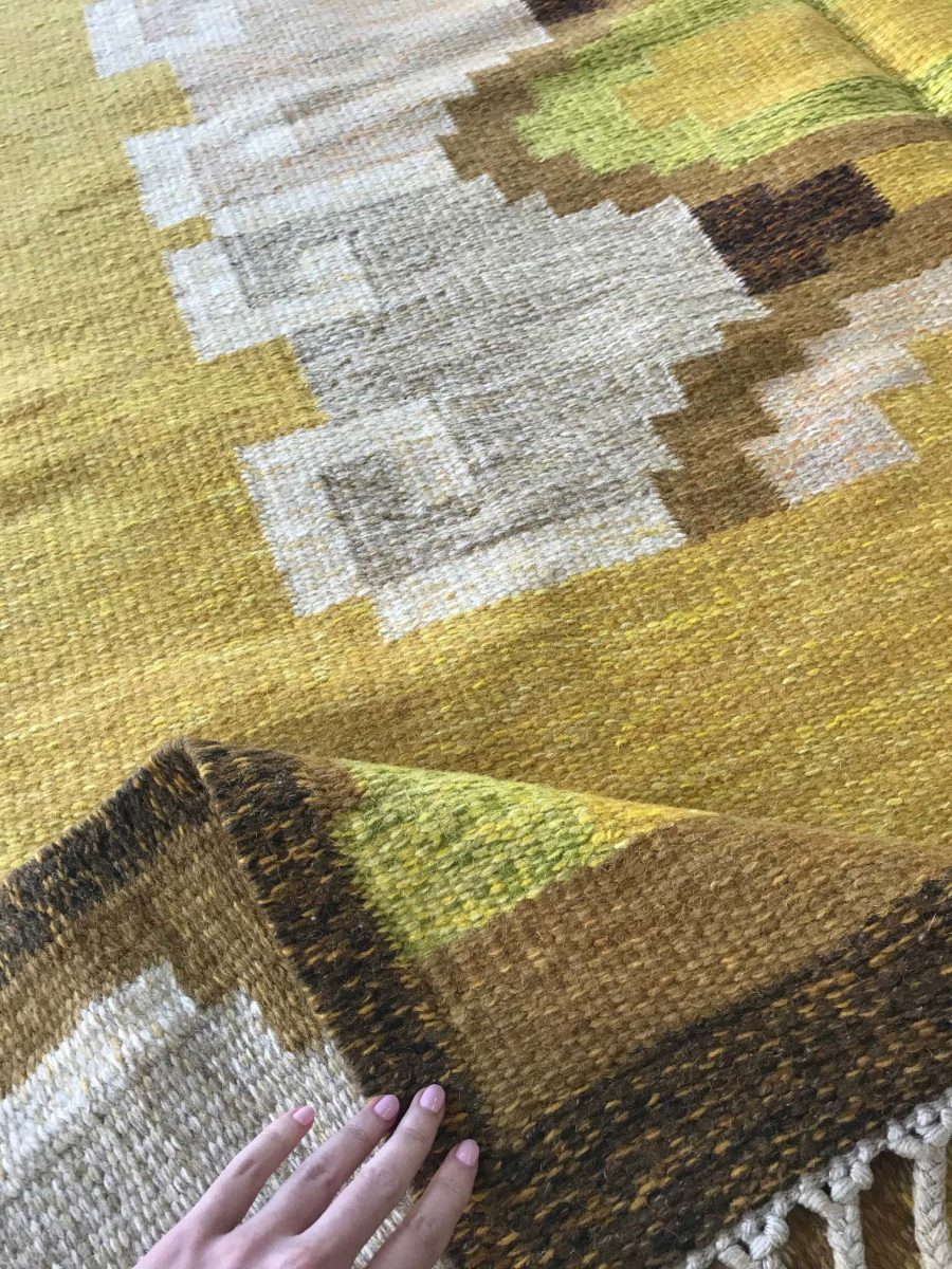 Mid-20th century Swedish Yellow, Brown & Beige Flat-Weave Rug by Ingegerd Silow BB6538