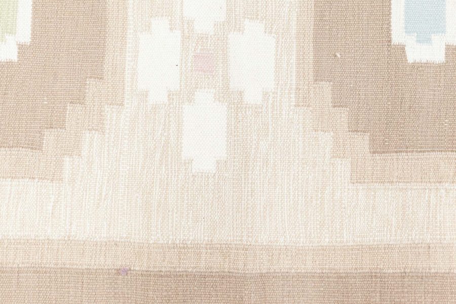 Vintage Swedish Geometric off White, Brown, Baby Blue, Pink Flat-Weave Wool Rug BB6573