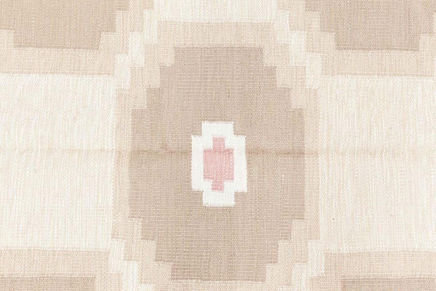 Vintage Swedish Geometric off White, Brown, Baby Blue, Pink Flat-Weave Wool Rug BB6573
