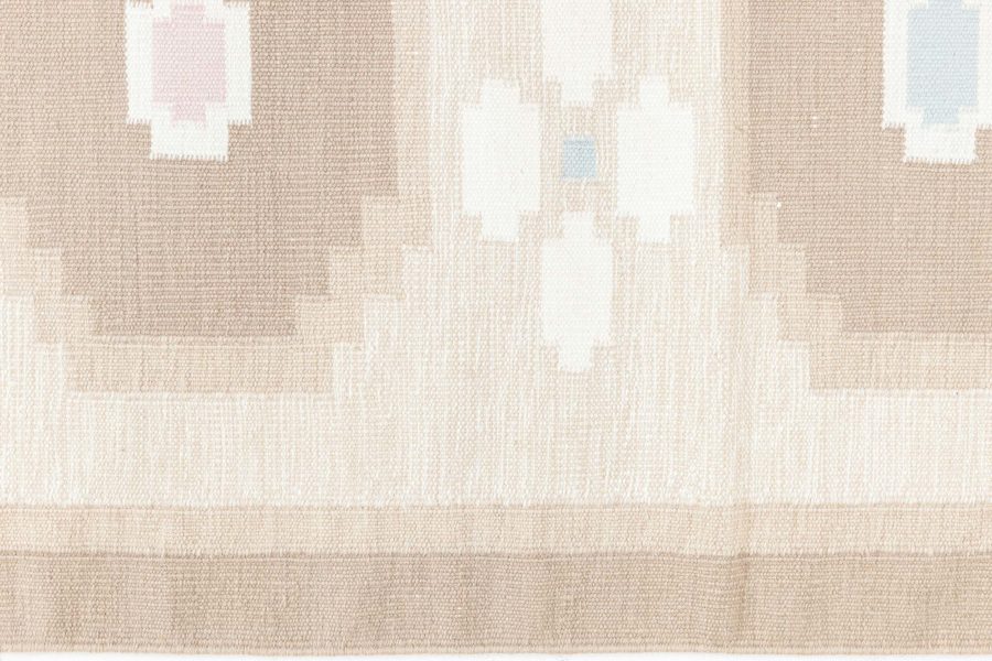 Vintage Swedish Geometric off White, Brown, Baby Blue, Pink Flat-Weave Wool Rug BB6573