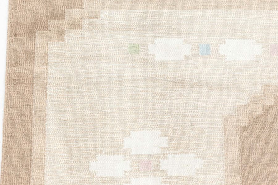 Vintage Swedish Geometric off White, Brown, Baby Blue, Pink Flat-Weave Wool Rug BB6573