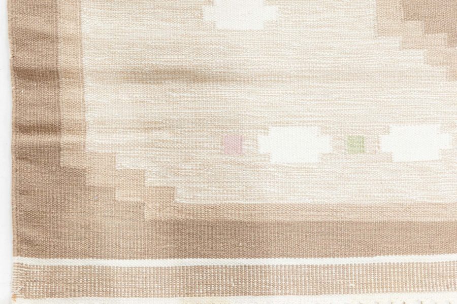 Vintage Swedish Geometric off White, Brown, Baby Blue, Pink Flat-Weave Wool Rug BB6573