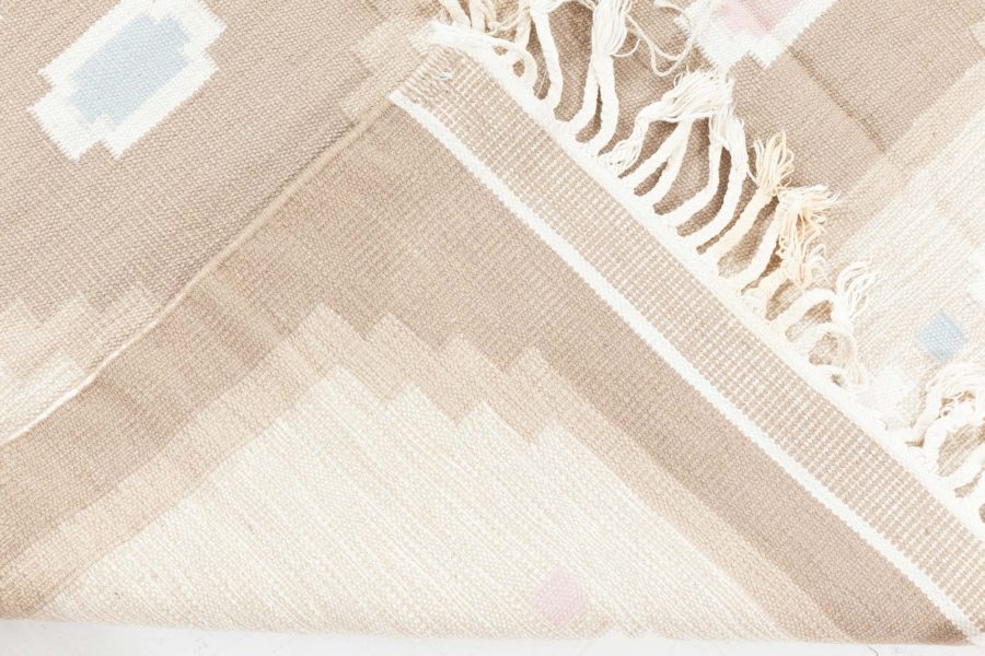 Vintage Swedish Geometric off White, Brown, Baby Blue, Pink Flat-Weave Wool Rug BB6573
