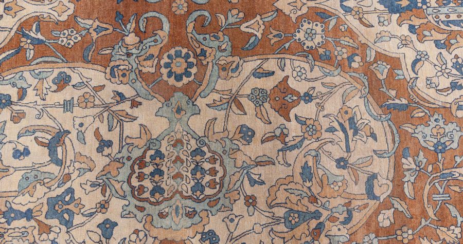 1900s Persian Kirman Brown, Beige and Blue Handmade Wool Rug (Size Adjusted) BB6600