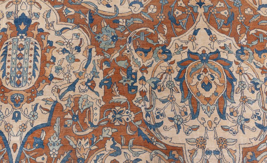 1900s Persian Kirman Brown, Beige and Blue Handmade Wool Rug (Size Adjusted) BB6600