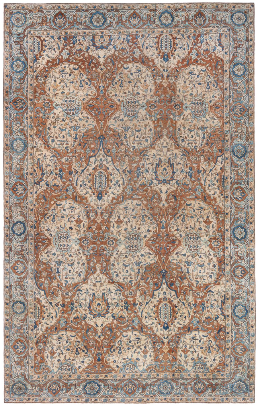 1900s Persian Kirman Brown, Beige and Blue Handmade Wool Rug (Size Adjusted) BB6600
