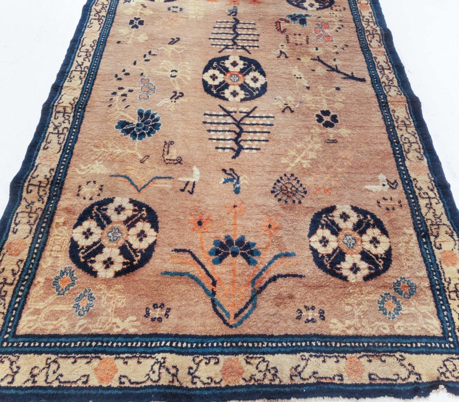 Midcentury Samarkand Navy Blue and Beige Handmade Wool Carpet BB6628