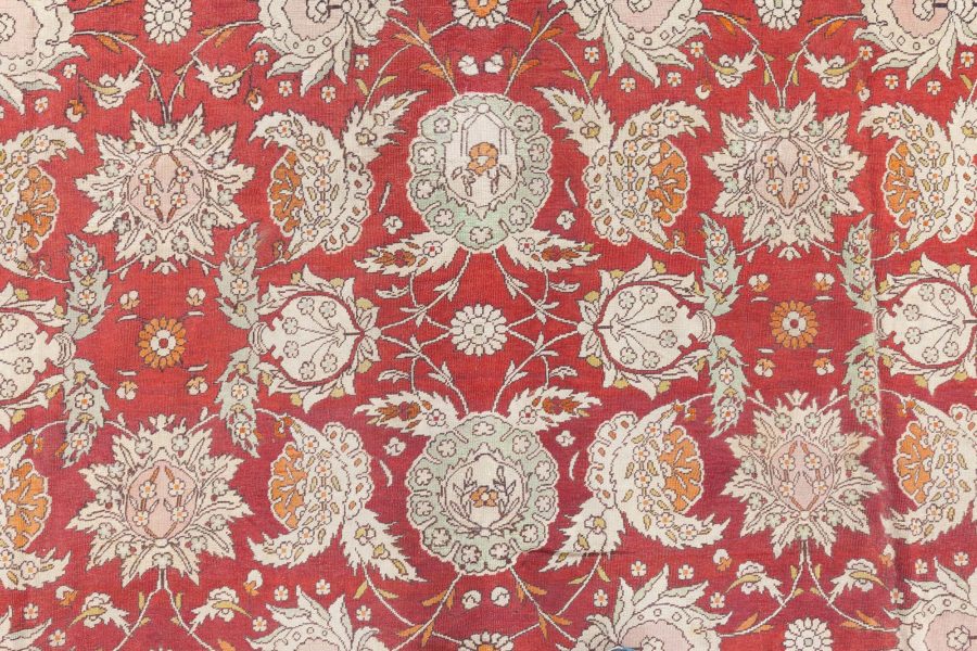19th Century Bold Turkish Hereke Red, Gray Handwoven Wool Carpet BB6684