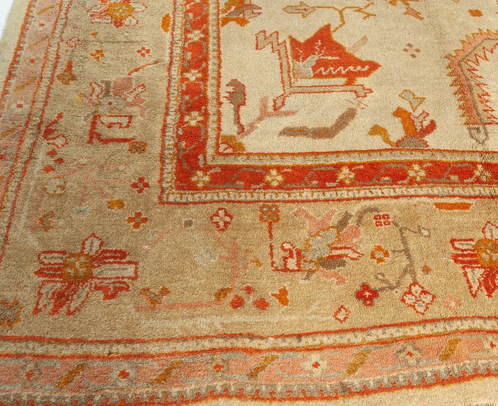 Antique Turkish Oushak Cream, Beige & Apricot Handwoven Wool Rug BB6689