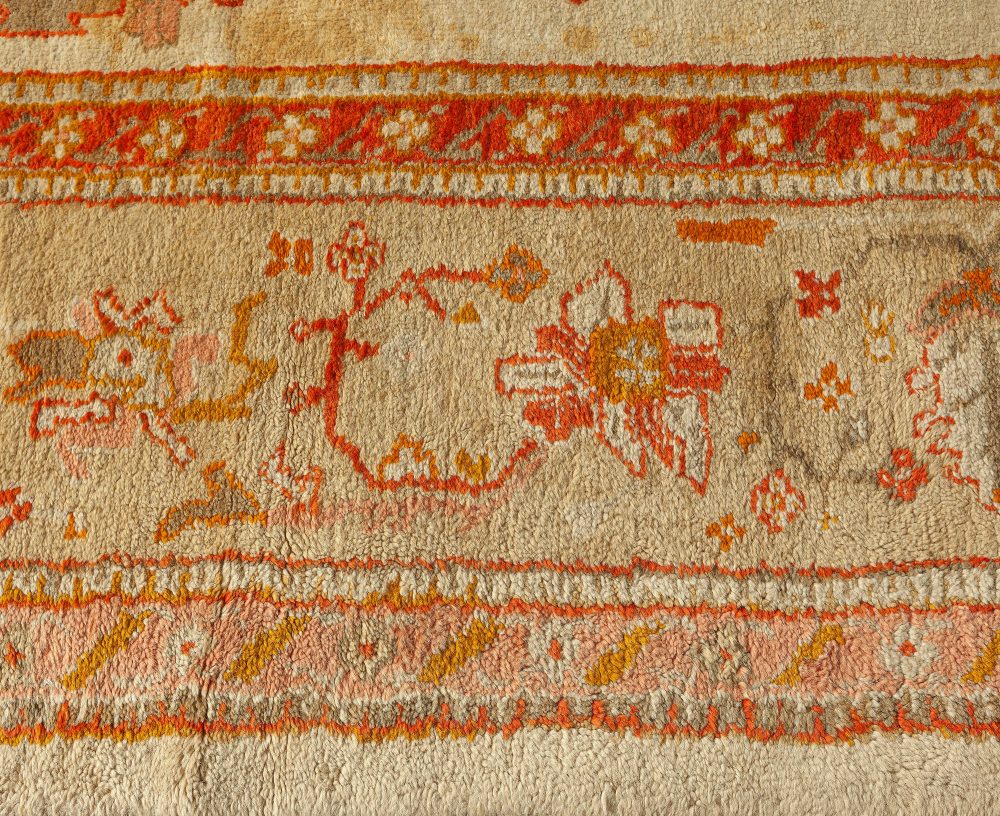 Antique Turkish Oushak Cream, Beige & Apricot Handwoven Wool Rug BB6689