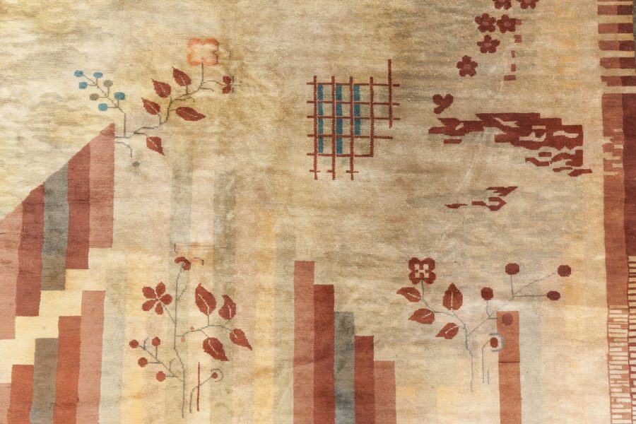 Vintage French Art Deco Red, Brown and Beige Handwoven Wool Rug BB6768