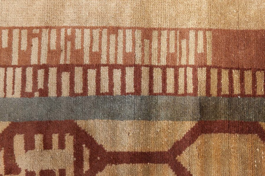 Vintage French Art Deco Red, Brown and Beige Handwoven Wool Rug BB6768
