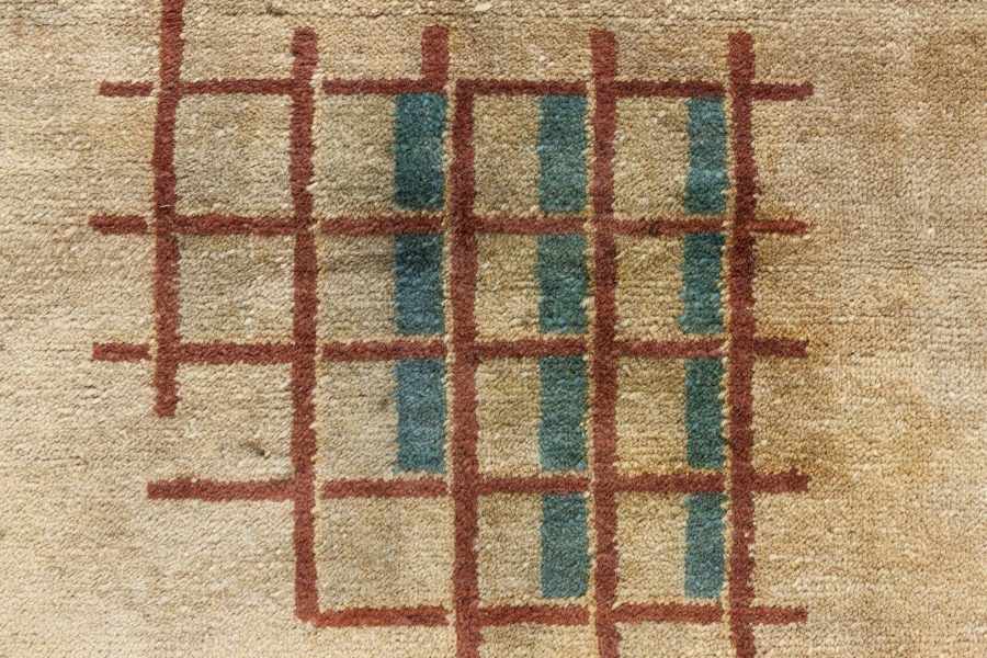 Vintage French Art Deco Red, Brown and Beige Handwoven Wool Rug BB6768