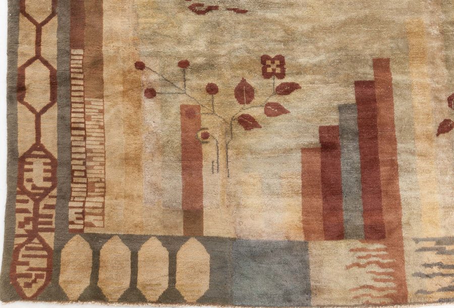 Vintage French Art Deco Red, Brown and Beige Handwoven Wool Rug BB6768