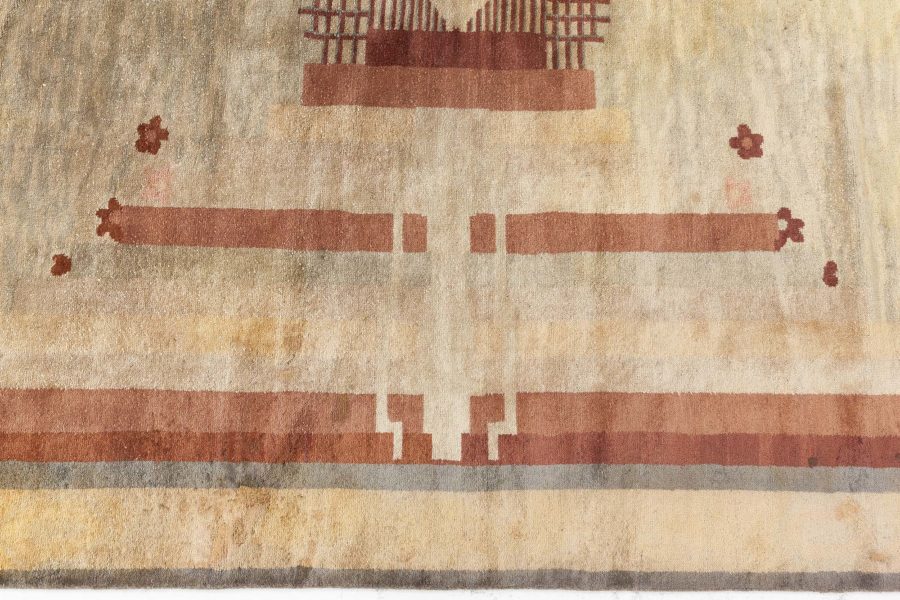 Vintage French Art Deco Red, Brown and Beige Handwoven Wool Rug BB6768