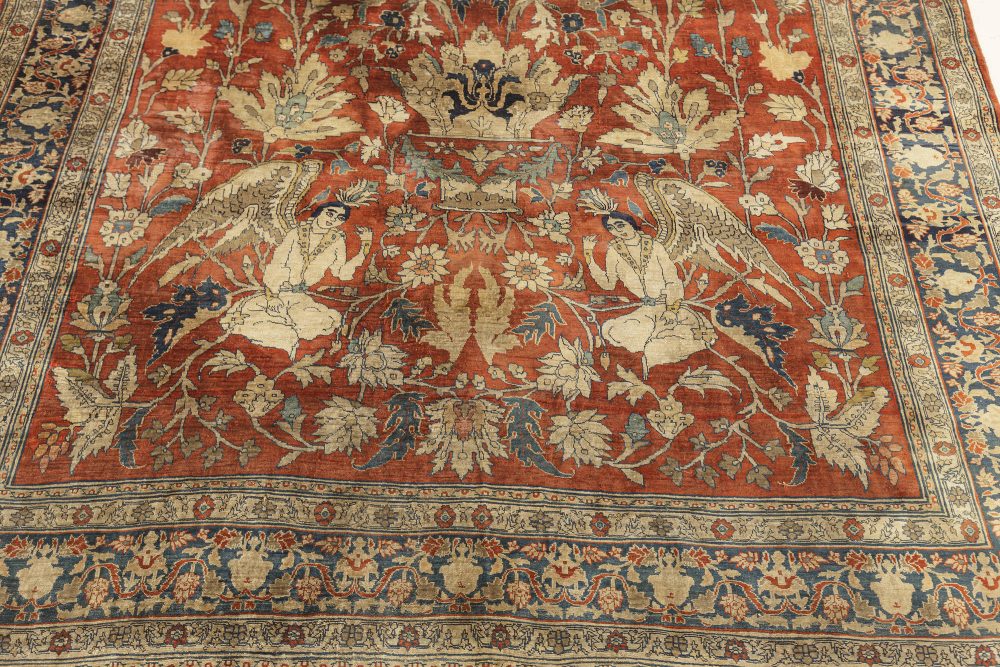 19th Century Persian Tabriz Silk Red and Navy Blue Rug BB6781