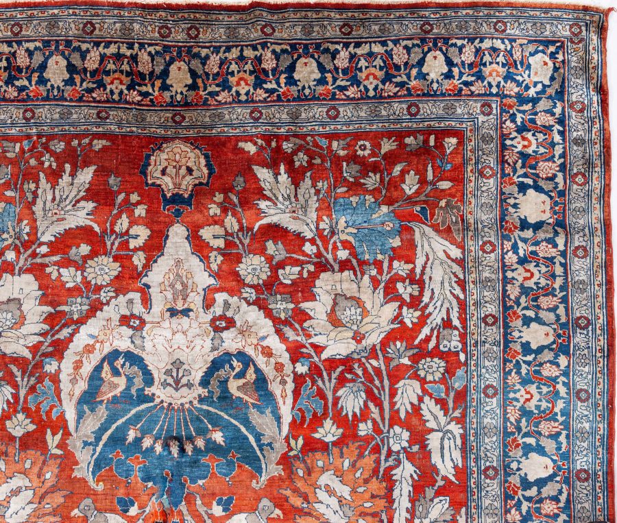 19th Century Persian Tabriz Silk Red and Navy Blue Rug BB6781