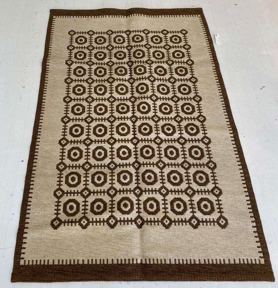 Mid-20th Century Reversible Geometric Brown, Ivory Scandinavian Flat-Weave Rug BB6787