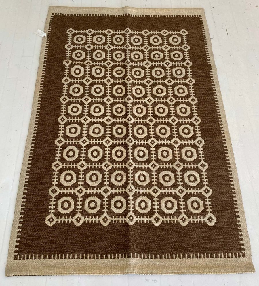 Mid-20th Century Reversible Geometric Brown, Ivory Scandinavian Flat-Weave Rug BB6787