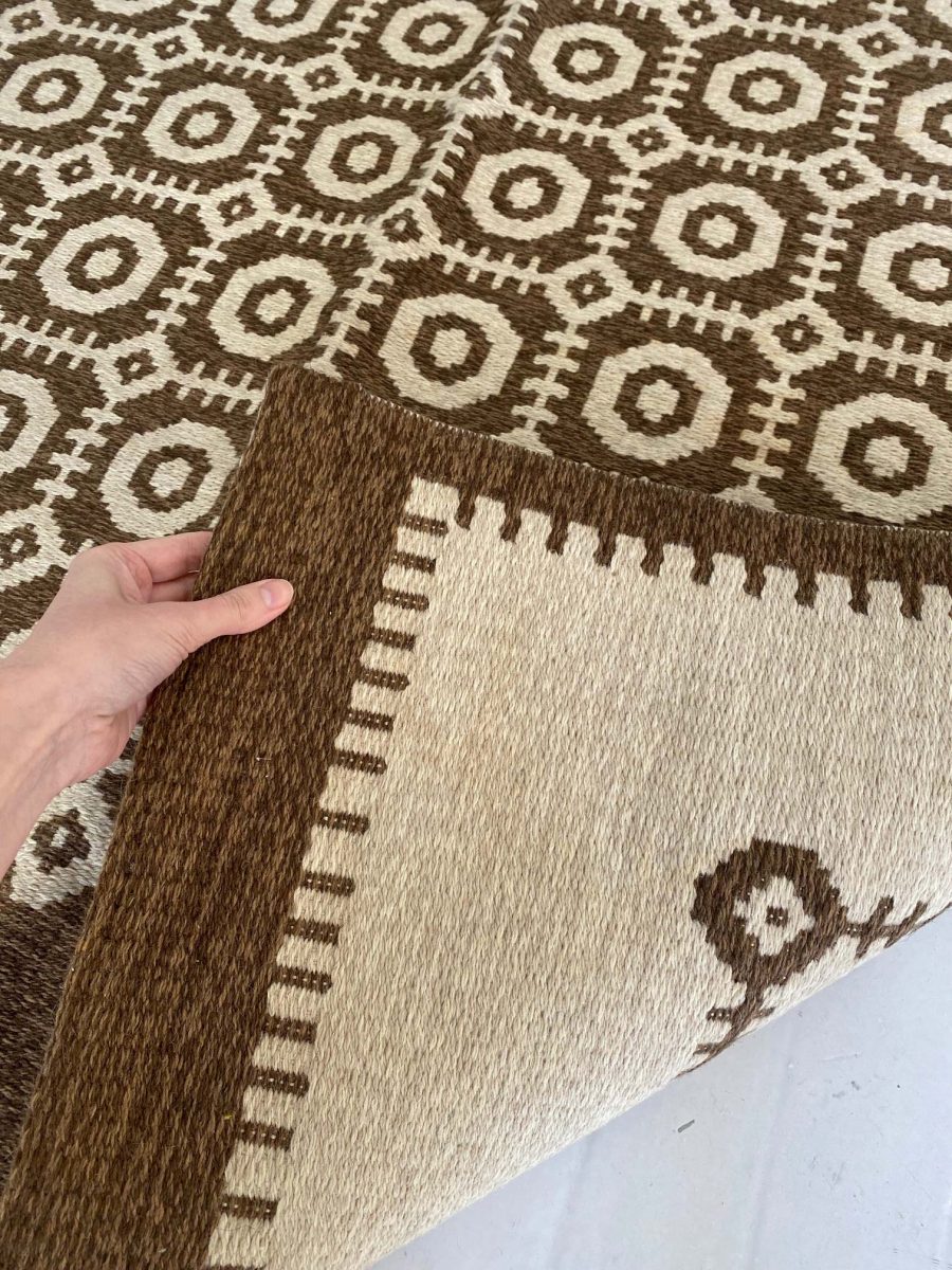 Mid-20th Century Reversible Geometric Brown, Ivory Scandinavian Flat-Weave Rug BB6787