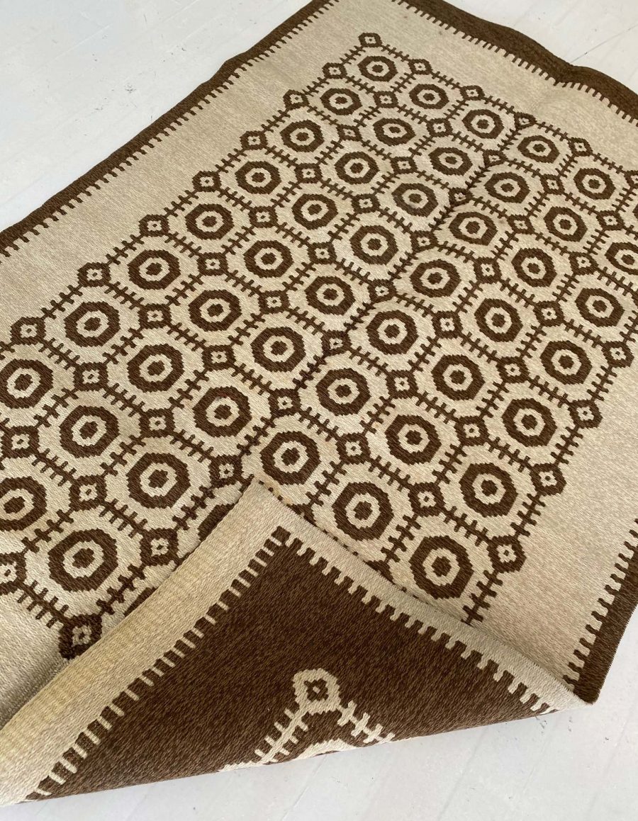 Mid-20th Century Reversible Geometric Brown, Ivory Scandinavian Flat-Weave Rug BB6787