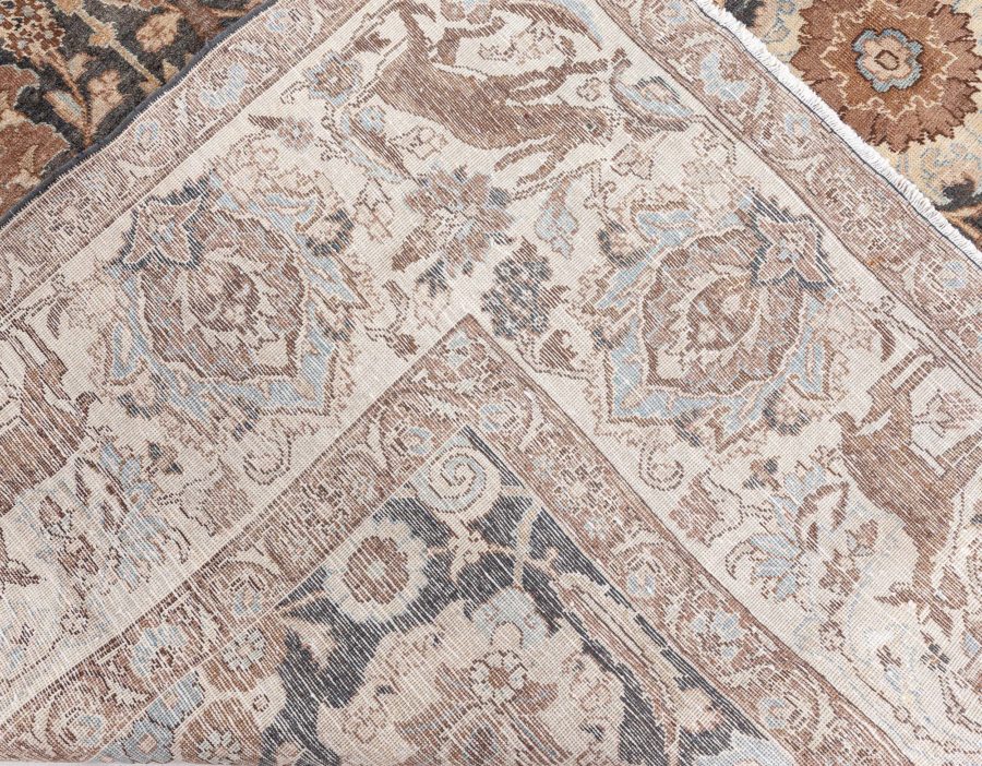 19th Century Persian Tabriz Dark Brown, Beige and Blue Handwoven Wool Rug BB6800