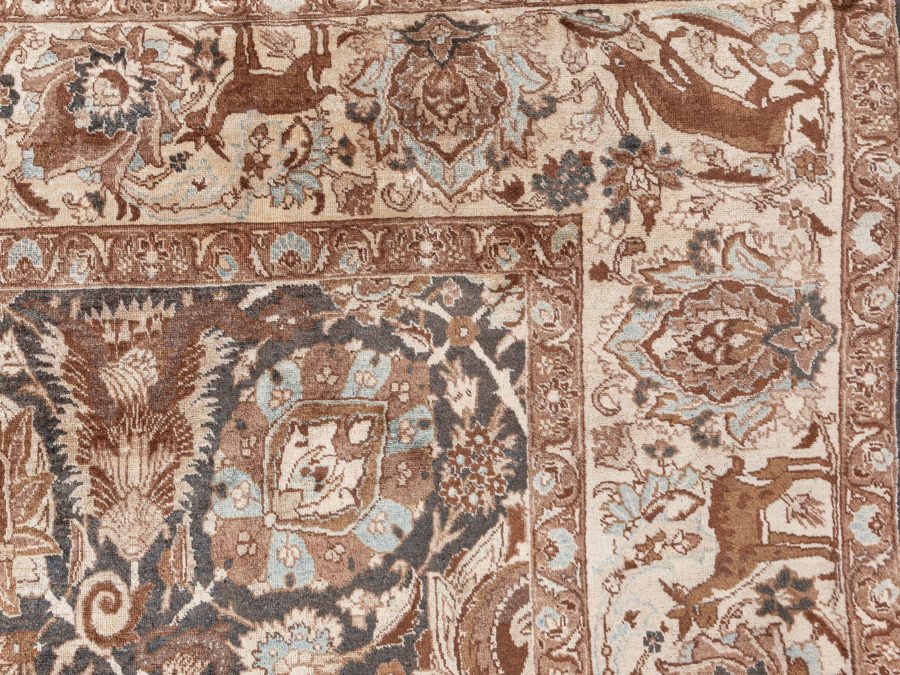 19th Century Persian Tabriz Dark Brown, Beige and Blue Handwoven Wool Rug BB6800