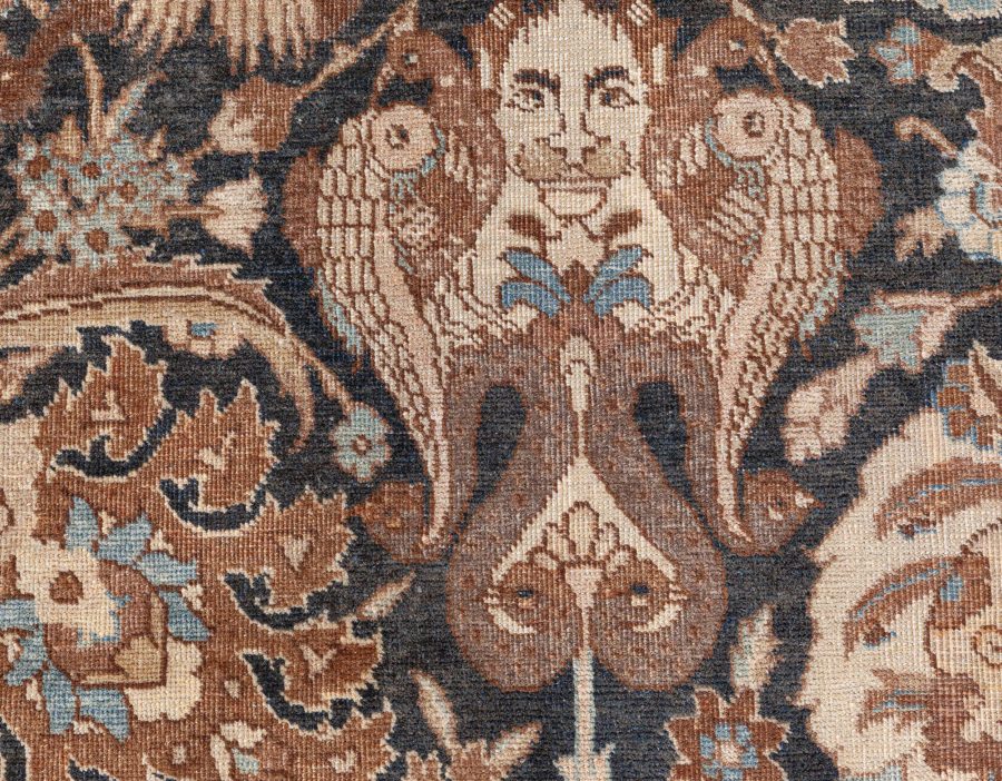 19th Century Persian Tabriz Dark Brown, Beige and Blue Handwoven Wool Rug BB6800