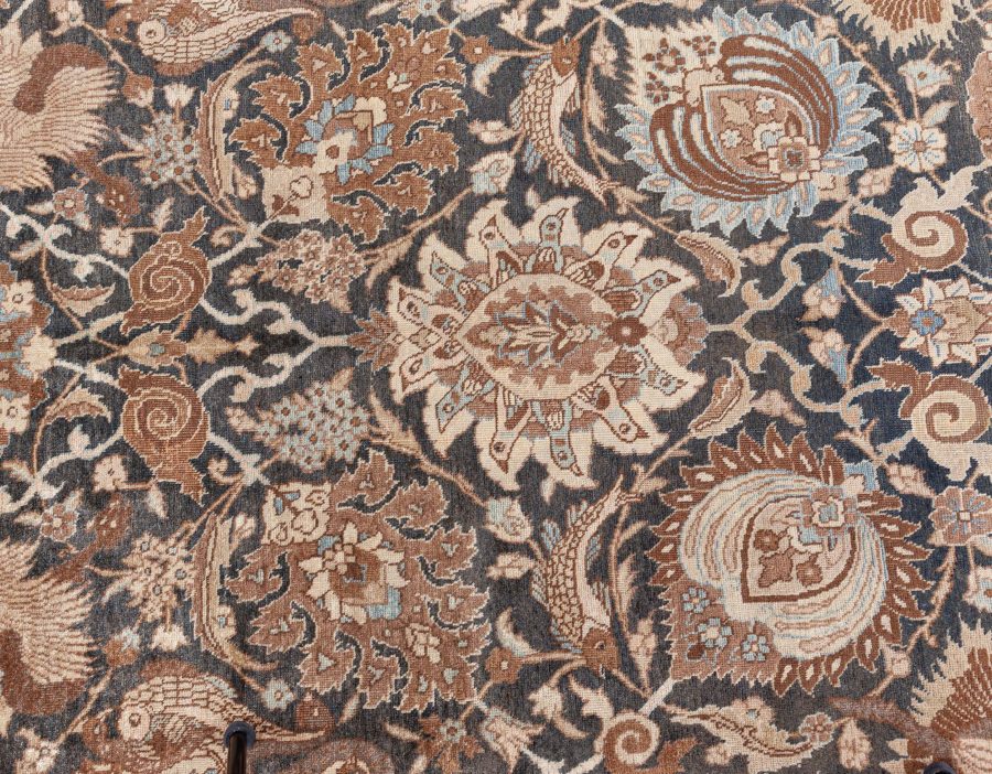19th Century Persian Tabriz Dark Brown, Beige and Blue Handwoven Wool Rug BB6800