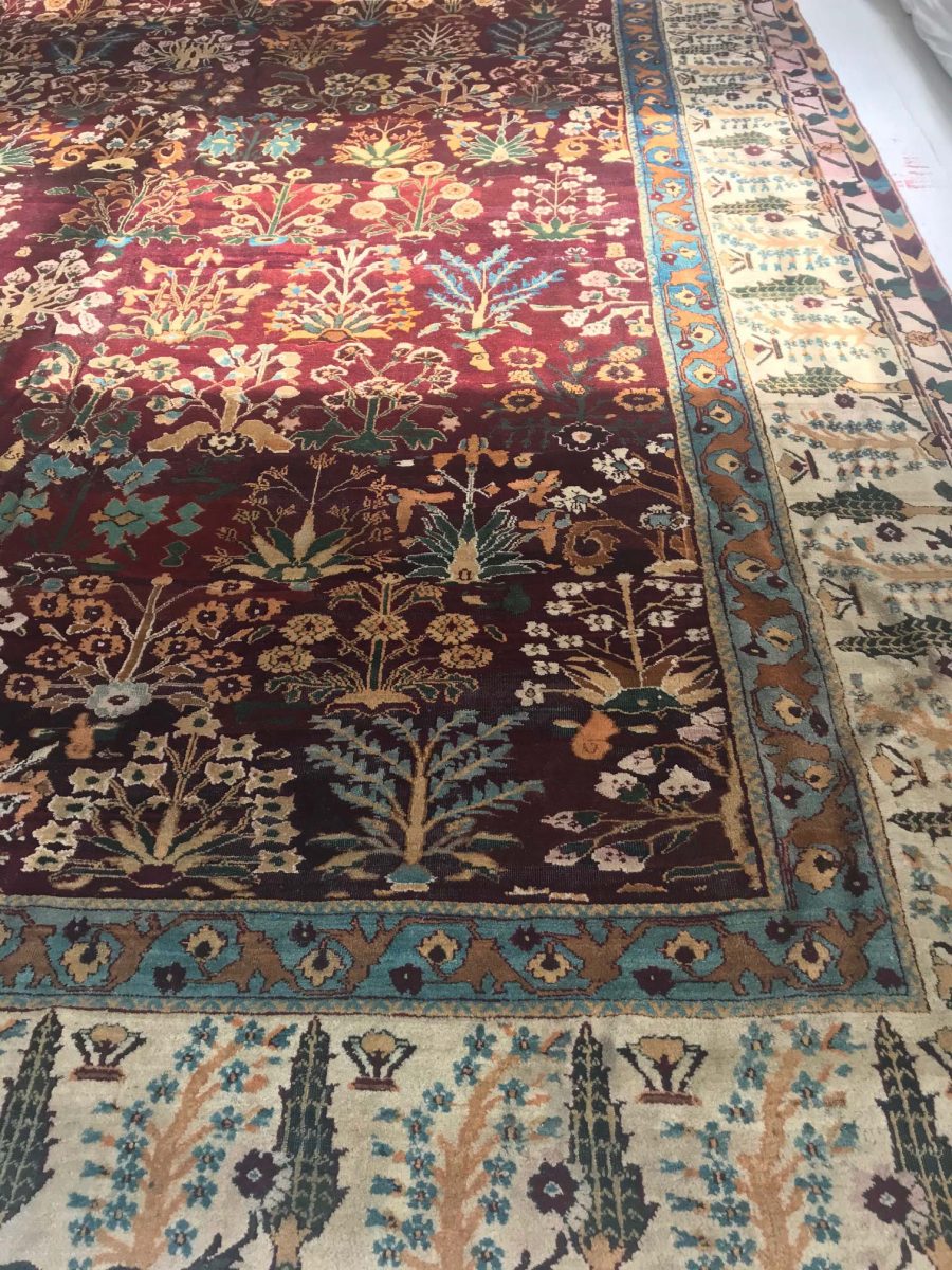 Indian Amritsar Botanic Burgundy and Light Azure Handwoven Wool Rug BB6856