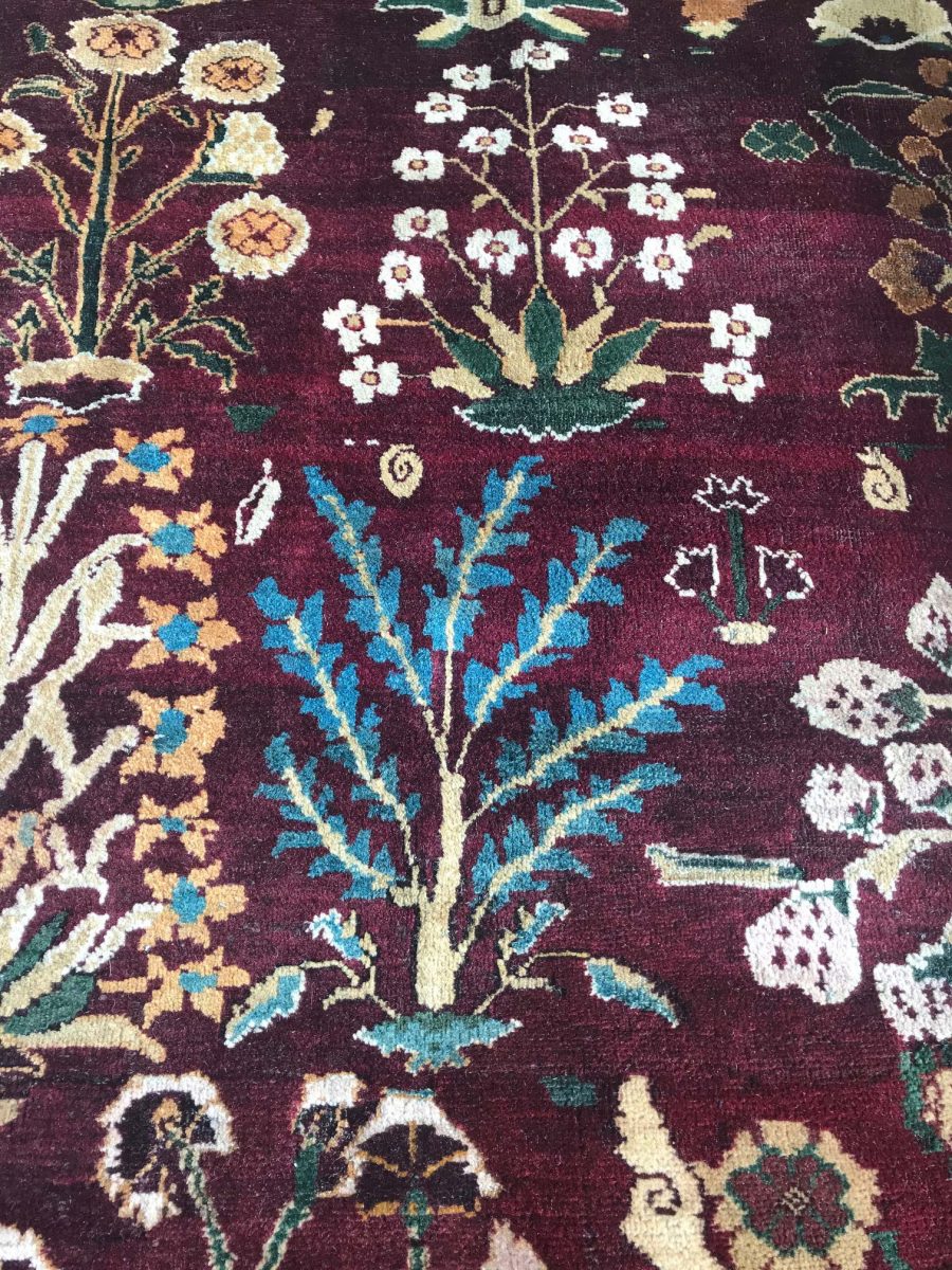 Indian Amritsar Botanic Burgundy and Light Azure Handwoven Wool Rug BB6856