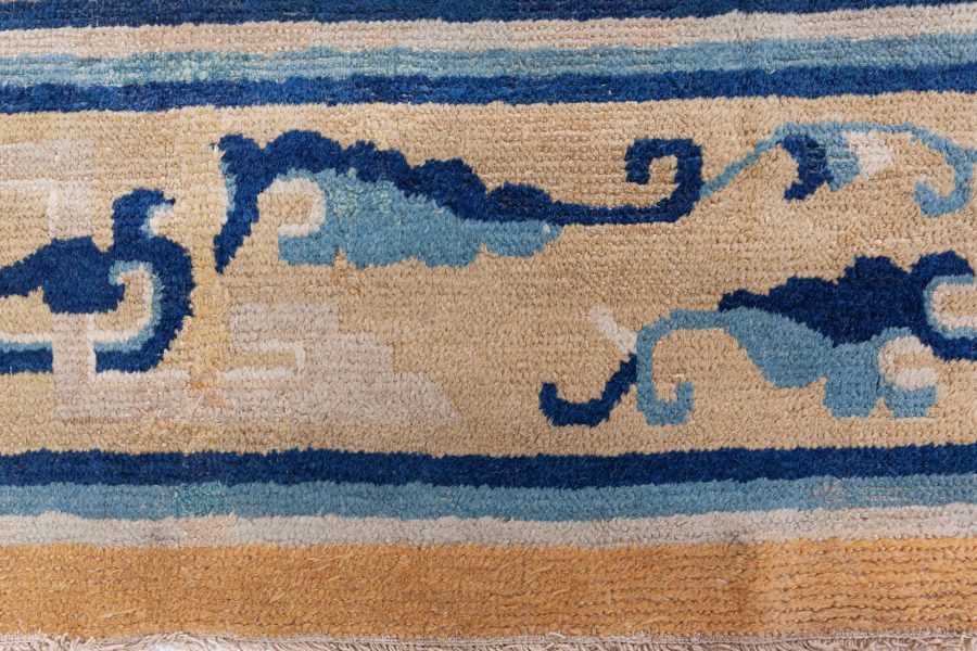 Large Authentic 19th Century Chinese Gold Beige, Indigo Blue Handmade Carpet BB8488