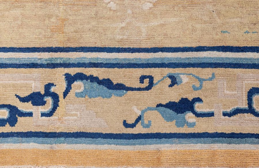 Large Authentic 19th Century Chinese Gold Beige, Indigo Blue Handmade Carpet BB8488