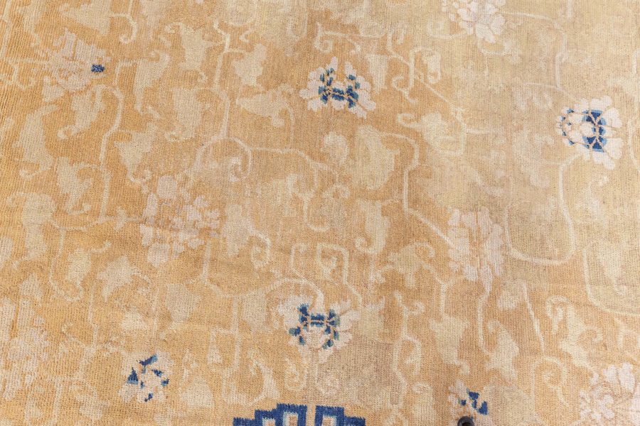 Large Authentic 19th Century Chinese Gold Beige, Indigo Blue Handmade Carpet BB8488