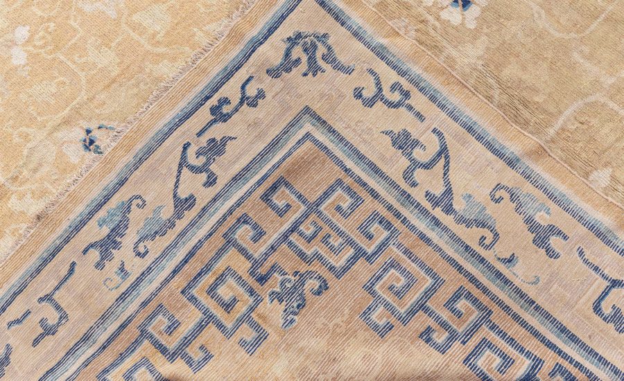 Large Authentic 19th Century Chinese Gold Beige, Indigo Blue Handmade Carpet BB8488