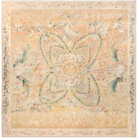Antique Aubusson French Medallion Floral Soft Beige Hand-Knotted Wool Rug – Circa 1800 BB6784